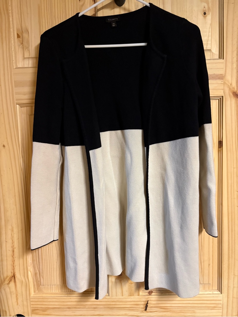 Talbots Black and White Long Open-Front Colorblock Cardigan
